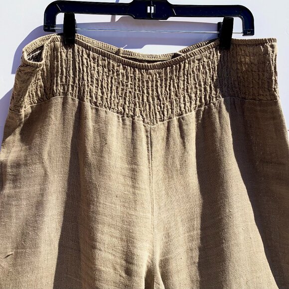 VTG Women’s Elastic Smocked Waist 100% Linen Wide Leg Pants, Taupe, Large - Picture 1 of 9